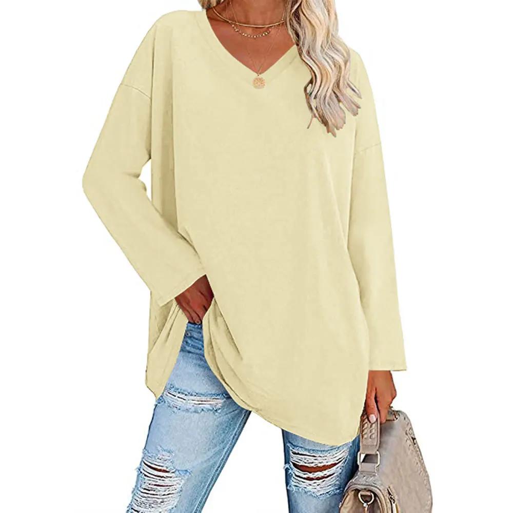 Damen Lockeres Langarm V-Ausschnitt Strickoberteil Große Plus Size Oberteile Damen Frühling Sommer Einfarbiges Oberteil Langarm V-Ausschnitt