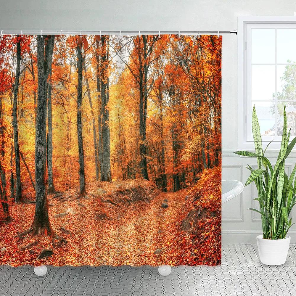 Autumn Forest Landscape Shower Curtain Maple Trees Road Plants Fallen Leaves Rural Scenery Wall Hanging Bathroom Decor Curtain