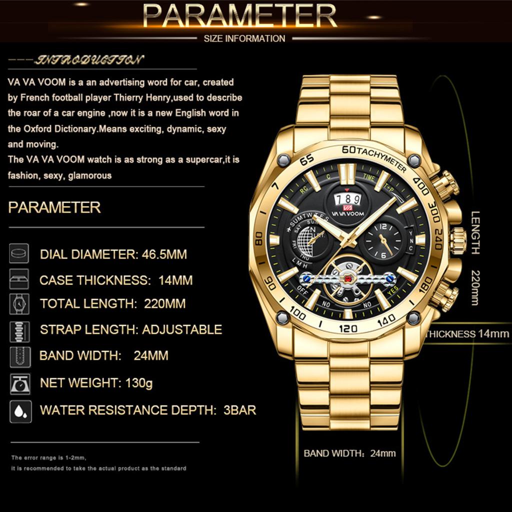 Quartz Stainless Steel Watch Gold 46mm Large Dial Calendar Waterproof High Quqality Sport For Men Relogio Masculino