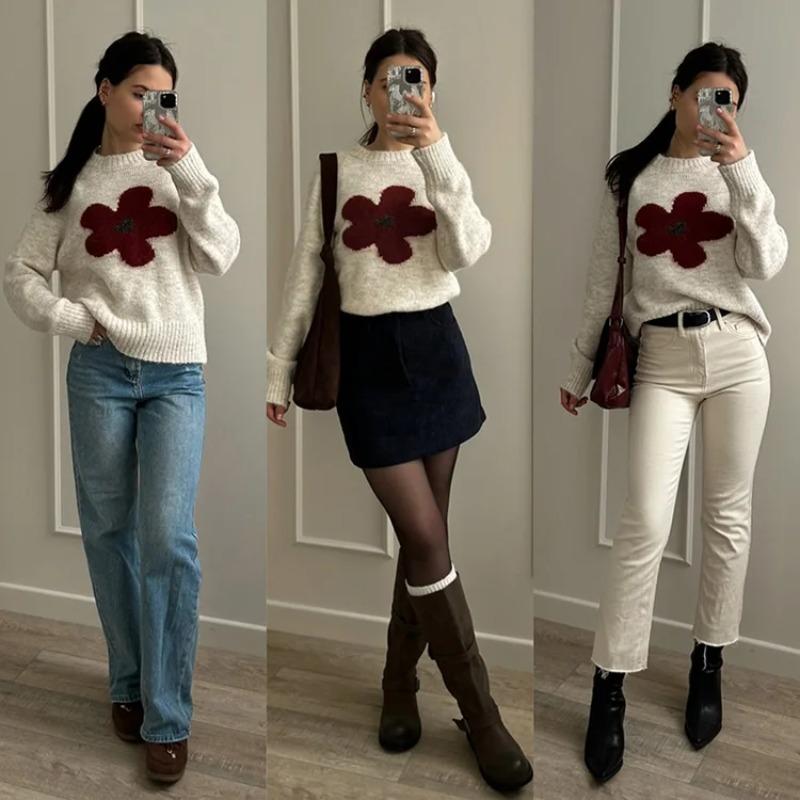 Streamgirl Winter Gray Sweater Flower Women Loose Knit Pullovers Purple Knitwear Vintage Warm Flower