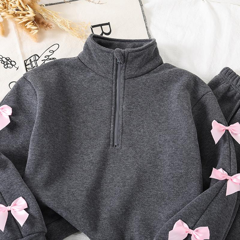 Children's Casual Set: Winter Girls' Loose-Fit Fleece-Lined Patchwork Sweatshirt and Sweatpants Two-Piece Set