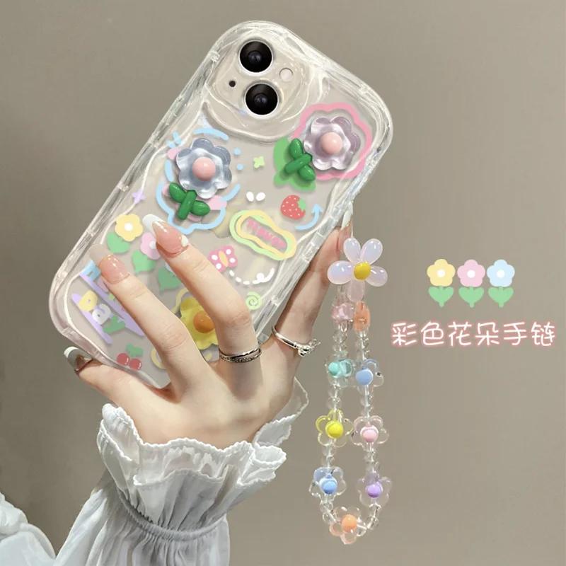 Korean Flower Chain Lanyard Phone Case For Motorola Edge 50 Fusion Pro Ultra G84 G52 G60 G54G14 G53 G22 G35 G05 G34 G75 G15 G30