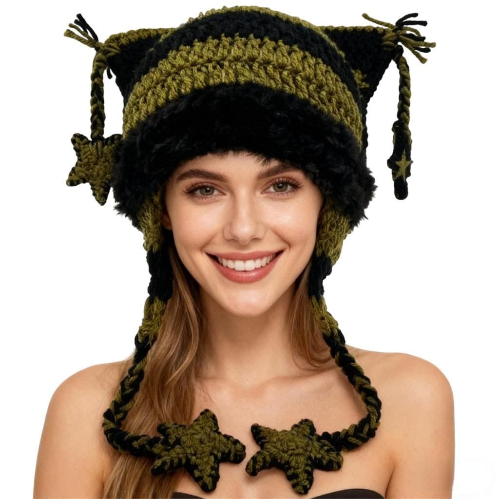Women's Hand-Knitted Star Striped -Ear Braid Hat With Ear Protectioned, Fashionable And Versatile Cap