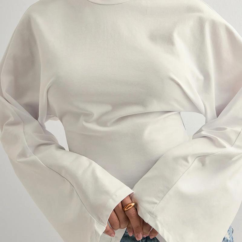 Y25TP201 European and American Women's Solid Color Round Neck, Wide Sleeve, Cinched Waist Sexy Long Sleeve Top
