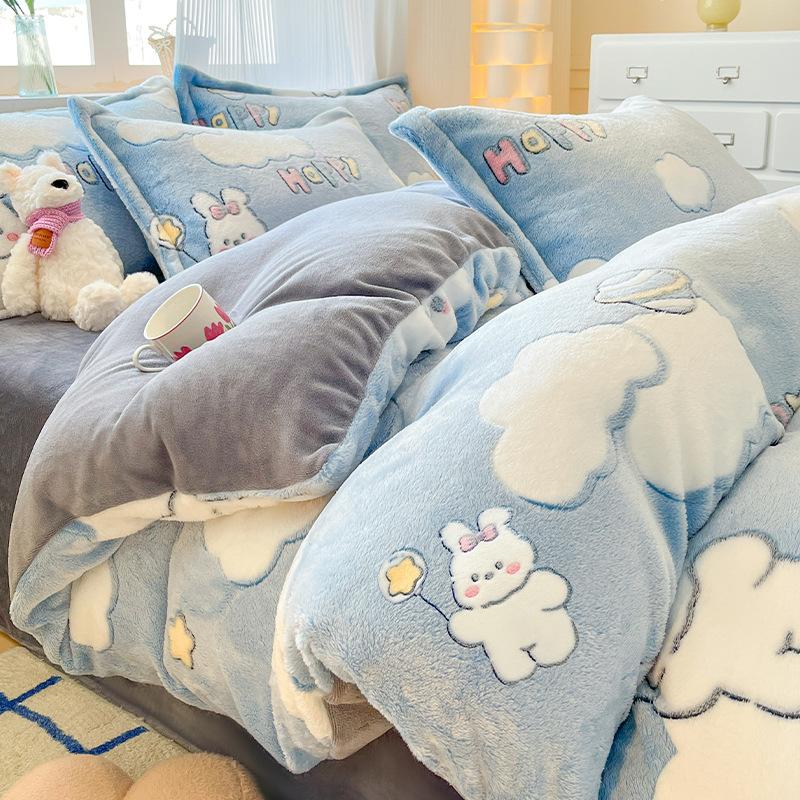 Warm Snowflake Fleece Four-piece Set, Double-sided Fleece Thickened Milk Fleece Bed Sheet Three-piece Set
