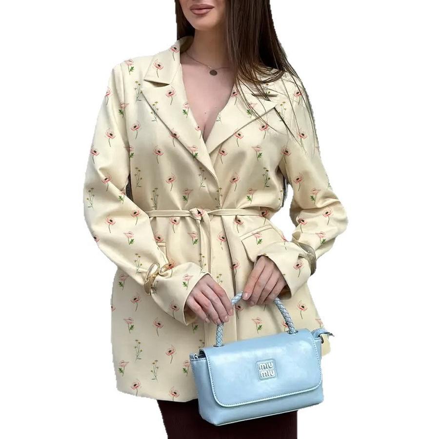 Women's Spring Autumn New Fashion Printed Loose Fit Blazer with Tie Waist Jacket
