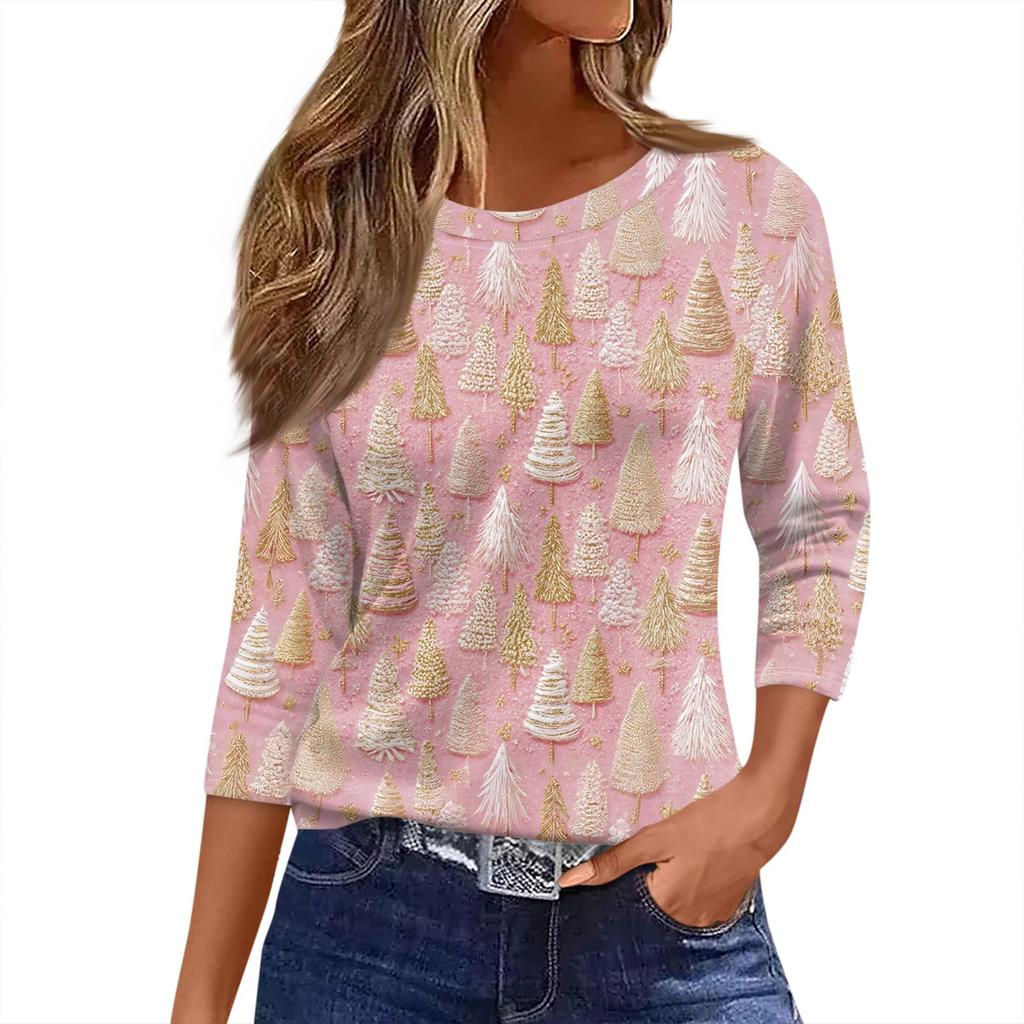 Women's T Shirt Christmas Print 3/4 Sleeve Daily Weekend Fashion Basic Round Neck Regular Top