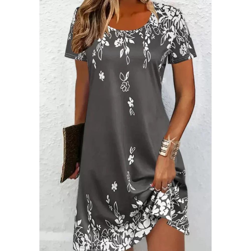 Elegant Floral Pattern Women Mini Dresses Summer Short Sleeve Printed Plus Size Casual Comfortable Soft Dress