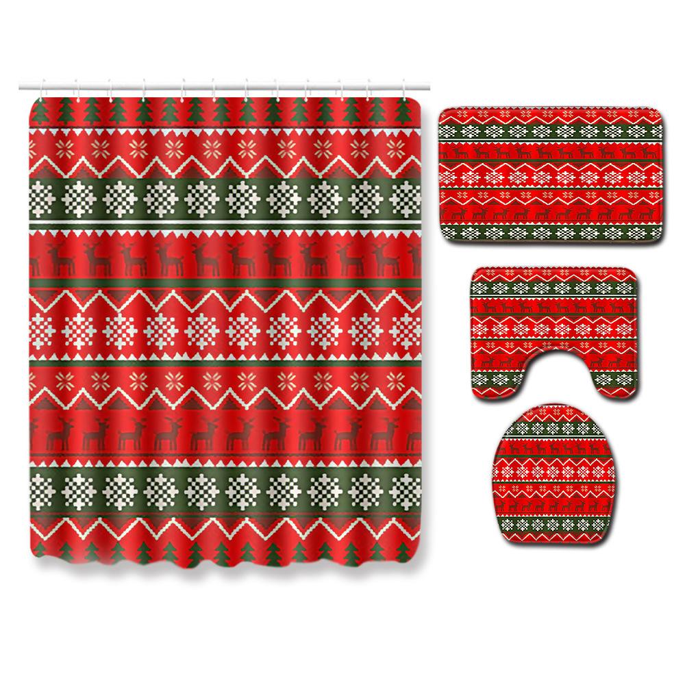 Christmas Shower Curtain Floor Mat Combination Four-Piece Set Kitchen Door Mat Bedroom Living Room Carpet