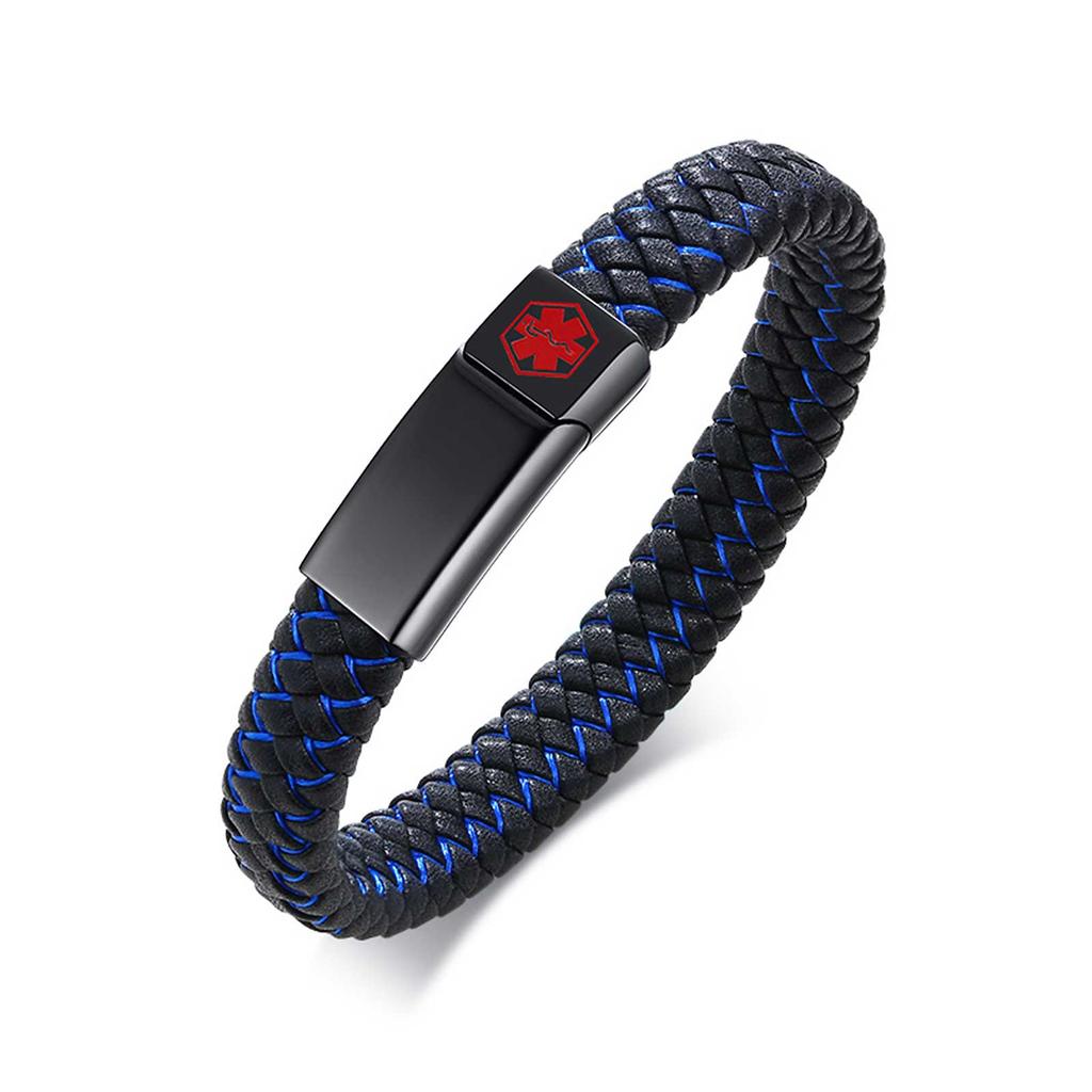Bracelet d'identification médicale d'alerte gravé personnalisé, Bracelet jonc en cuir tressé à boucle magnétique en acier inoxydable pour hommes