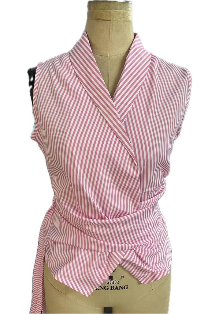 European Striped Sleeveless Tie-Waist Irregular Vest Shirt for Summer 2026