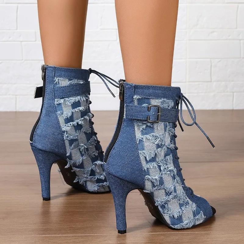 High Heels Jazz Dance 2025 Denim Booties Niche Foreign Style Internet Celebrity Same Short-leg Cool Boots