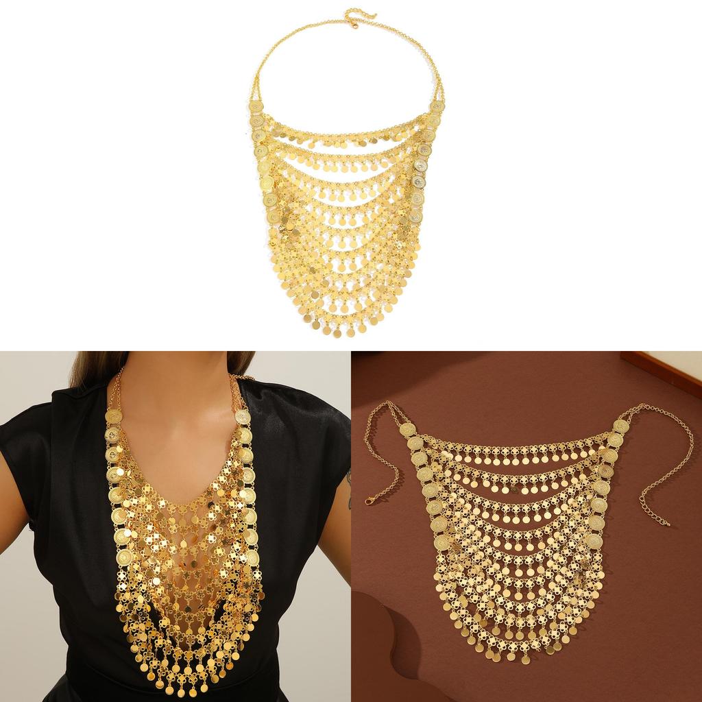 Halsband med mynthänge i guldlegering och flerskiktade tofsar för kvinnor sommar