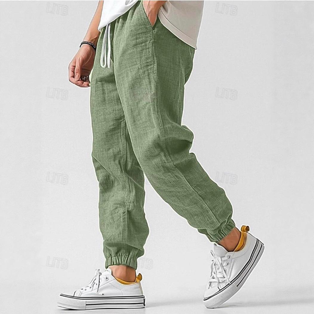 Herren Baumwoll-Leinen-Mischung Jogginghose Hohe Taille Verjüngt Lässige Hose L armee grüne