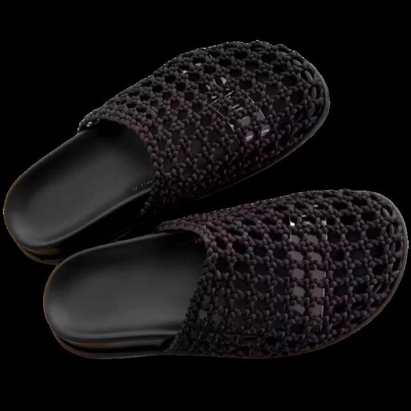2025 Summer New Handwoven Retro Bag Head Slippers Wear Thick Bottom Hollow One Pedal Lazy Sandals Woman