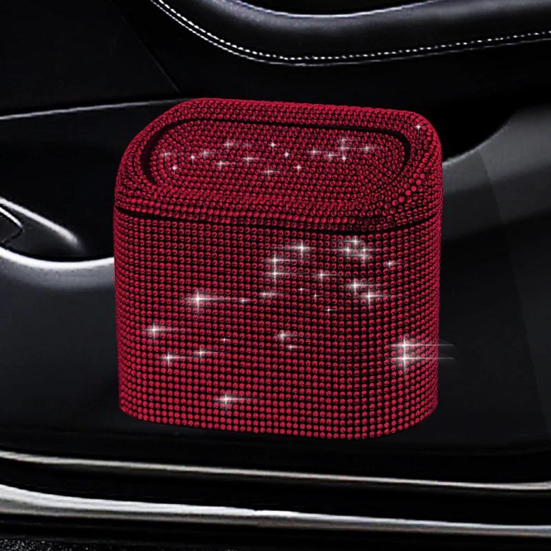 Luxury Bling Rhinestone Car Trash Bin Hanging Garbage Dust Case Storage Box Pressing Type Trash Can Auto Interior Accessories