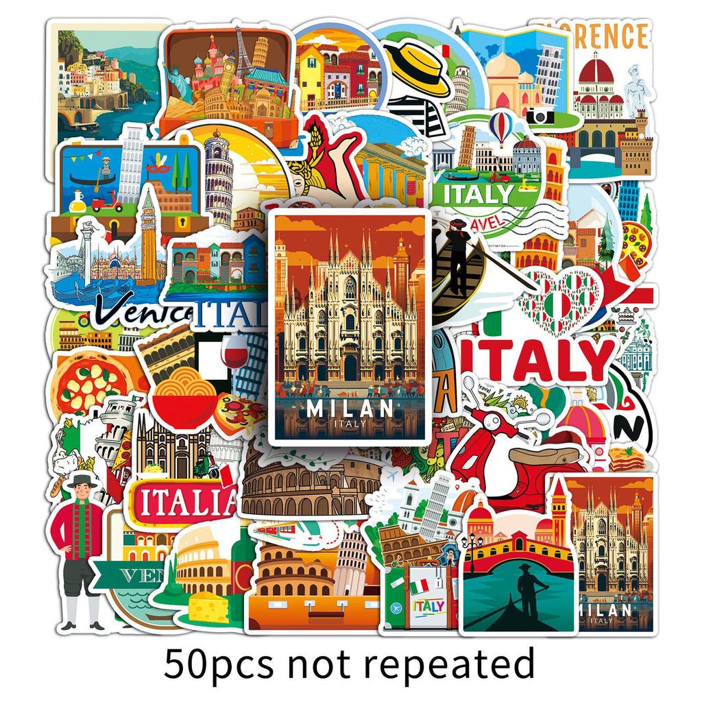 50 Italian Landmark Stickers: Outdoor Scenery Travel, Waterproof for Suitcase & Car