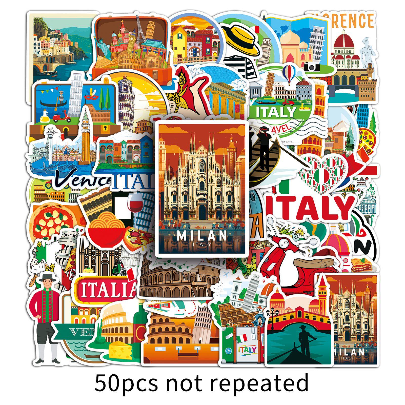 50 Italian Cartoon Travel Stickers: Waterproof Outdoor Scenery for Bottles & Suitcases