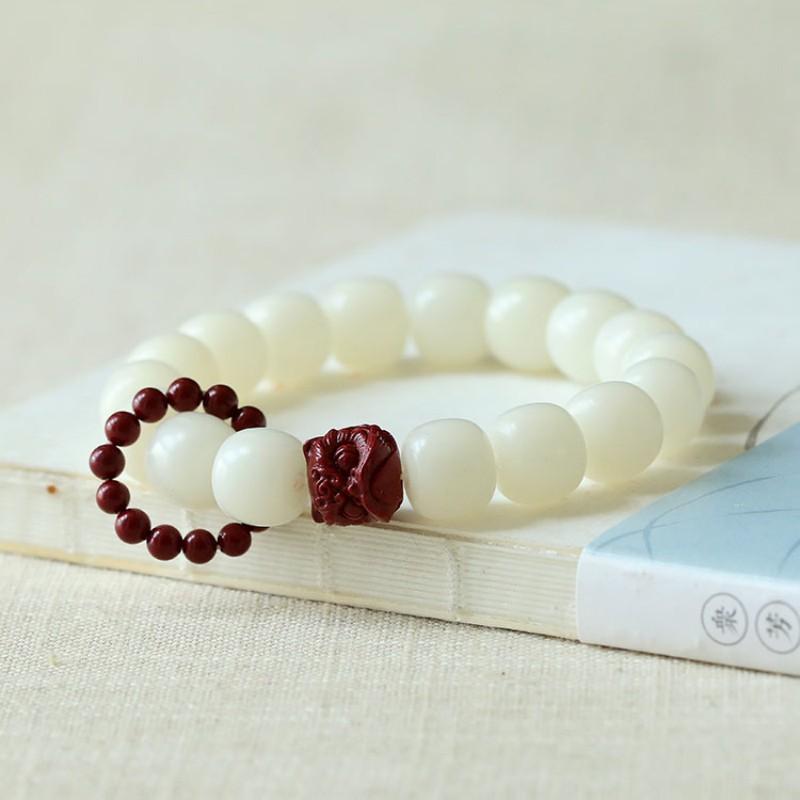 Natural white jade bodhi bracelet, vintage-style bead bracelet for women, lion dance hand-held ornament, delicate finger jewelry, flexible loop