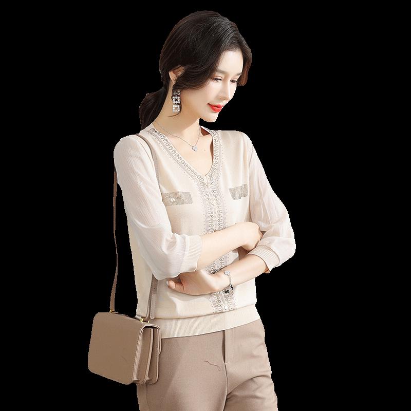 Xuexi Damen Langarm-T-Shirt mit Strassverzierungen