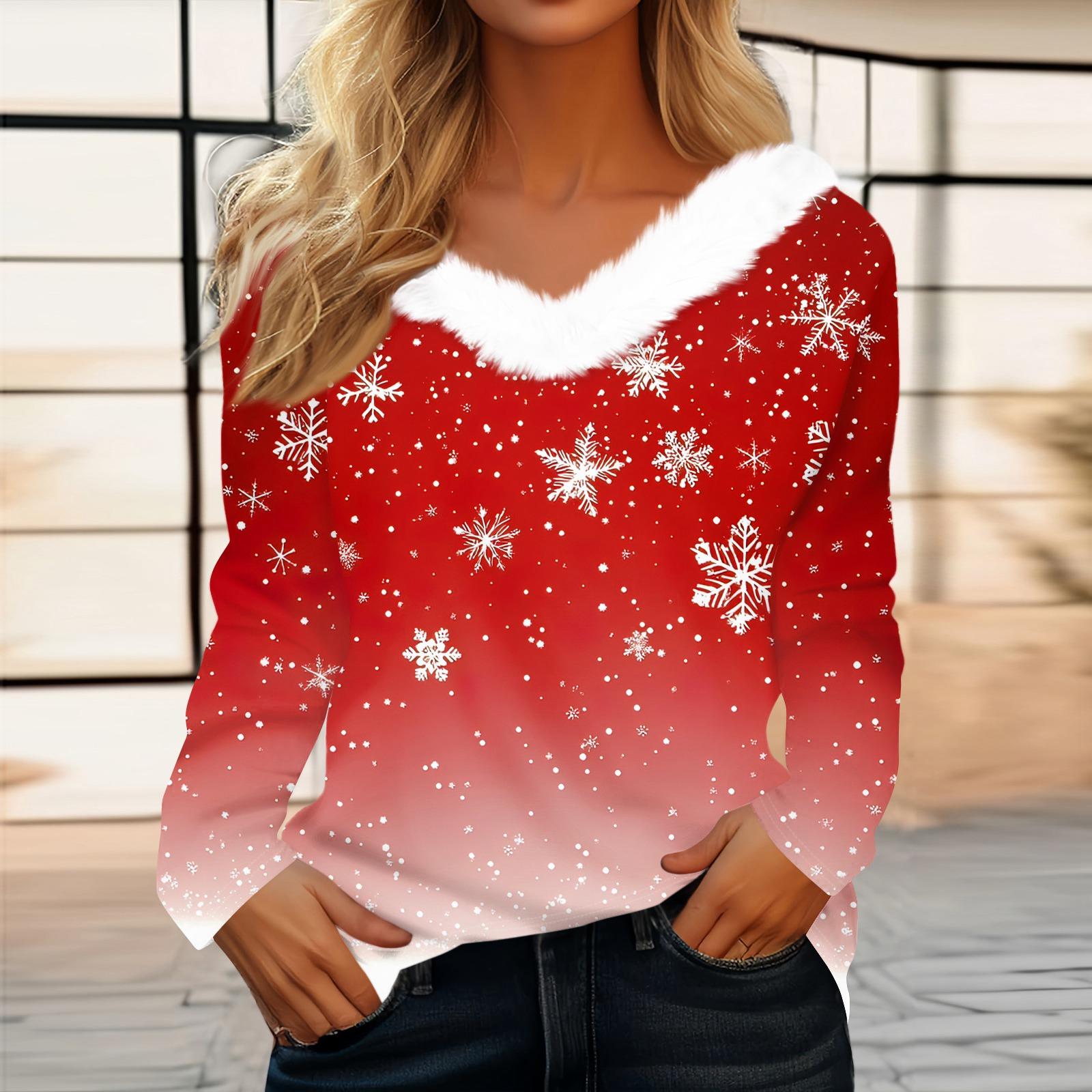 

Женская футболка с рождественским принтом, вечерние рубашки с длинным рукавом, рождественский флисовый воротник, топ с v-образным вырезом XL