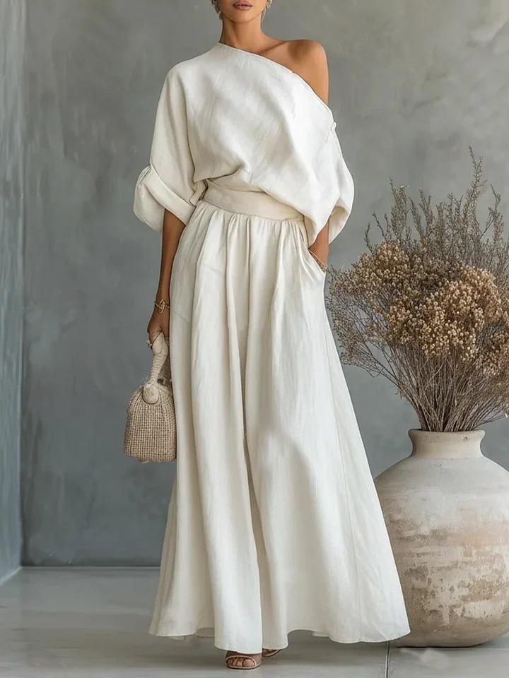 2026 European and American cross-border spring and summer new Amazon elegant waist slanted shoulder top and pants two-piece set S белый