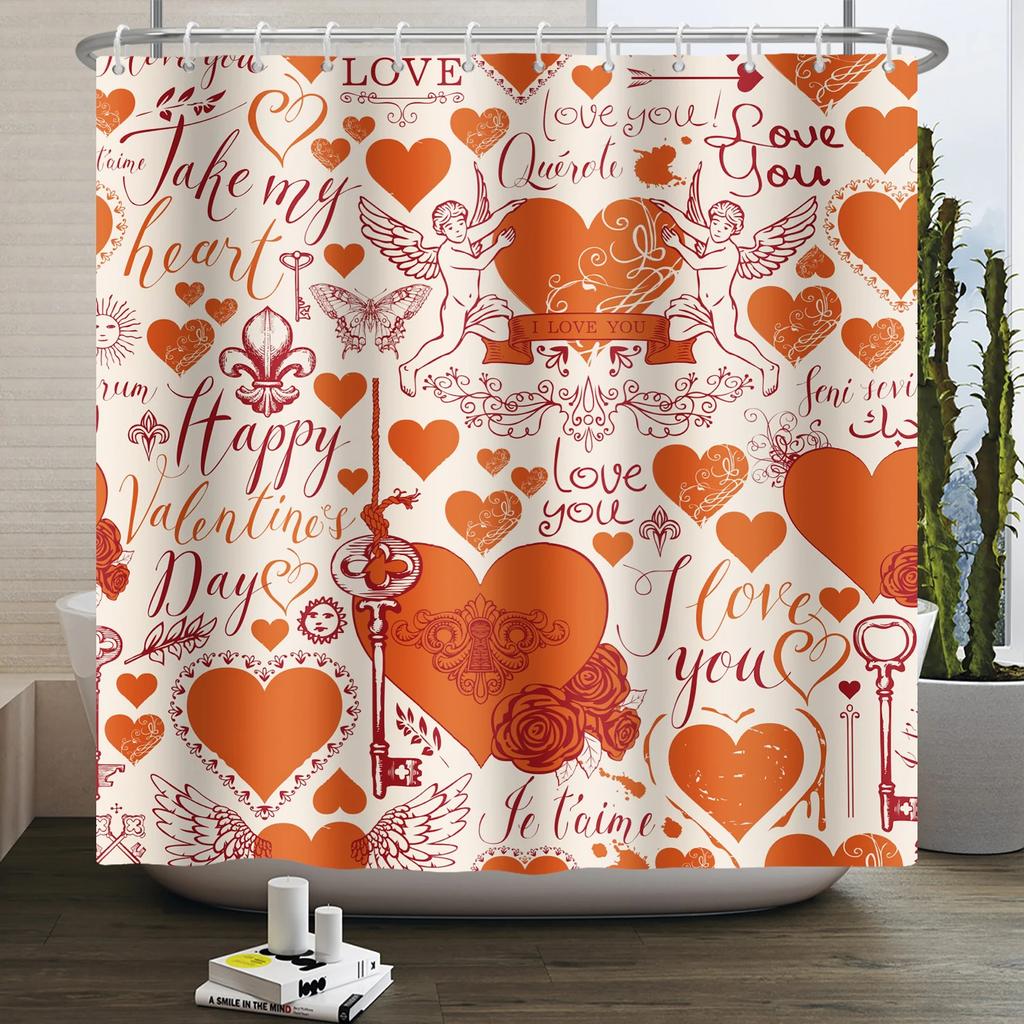 Happy Valentines Day Heart Shower Curtain Red Pink Romantic Falling Love Heart Sweet Lovers Waterproof Bathroom Curtain Decor