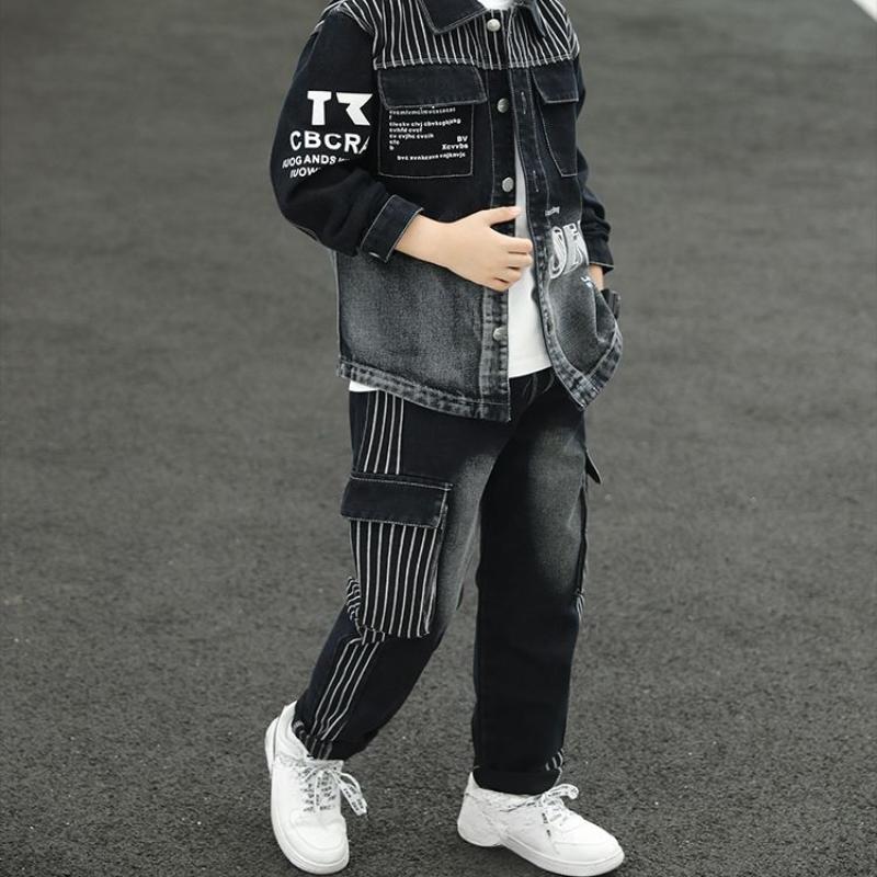Tuta in denim autunnale per bambini da 8 a 10 anni, giacca in denim alla moda per bambini, set da 2 pezzi