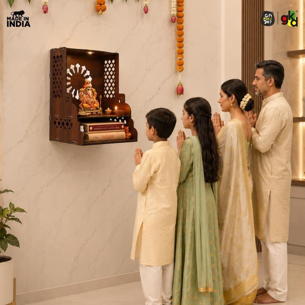 Gift Kya De Holztempel für Zuhause | Pooja Mandir mit LED-Licht, Schublade & Regalen