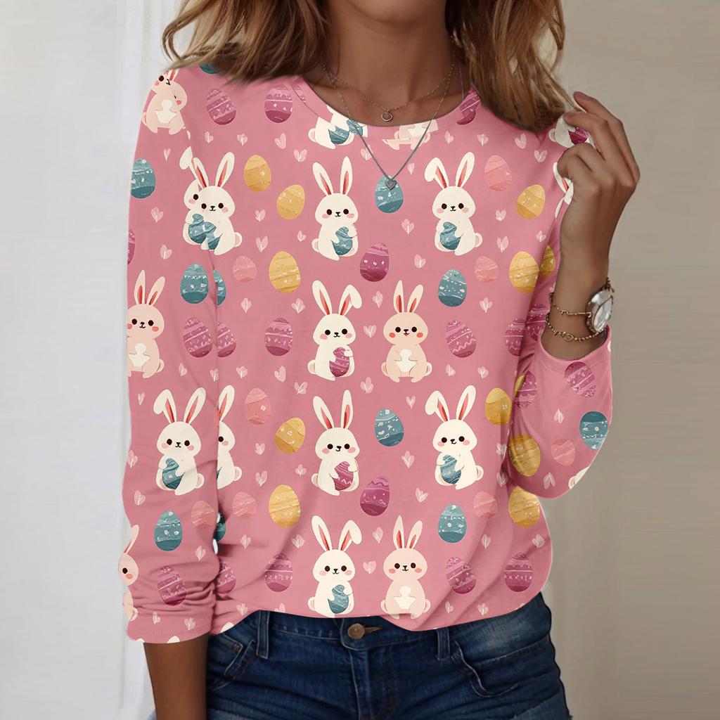 Women's Daily Casual Long Sleeved Easter Printed Round Neck Top