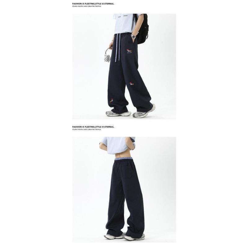 Vintage Puppy Embroidery Loose Wide Leg Double Waist Casual Fleece Long Pants For Men