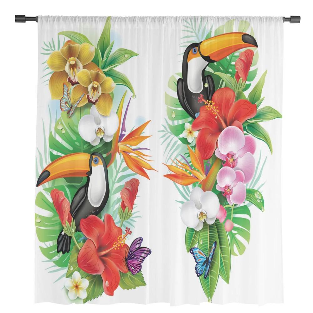 Animal Warbler Bird Tropical Flower Leaf Butterfly Tulle Sheer Curtains Living Room Bedroom Window Curtain Voile Organza Drapes