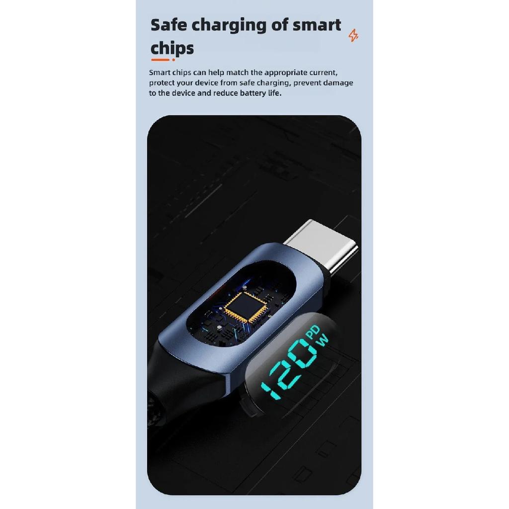 120W USB A To Type C LED Digital Display Fast Charging Data Cable Nylon Braided USB Charge Cord Type C To Type C PD 6A USB Cord