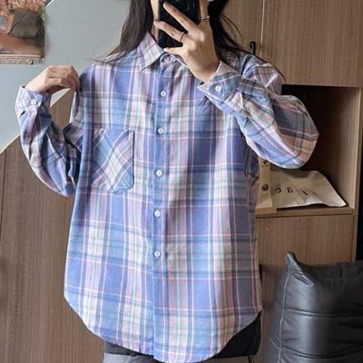 Klassisches kariertes Hemd, schlichte Oberteile, Frühling, Herbst, Revers, Langarmshirts, Damen, Bluse aus gebürsteter Baumwolle, asiatische Größe