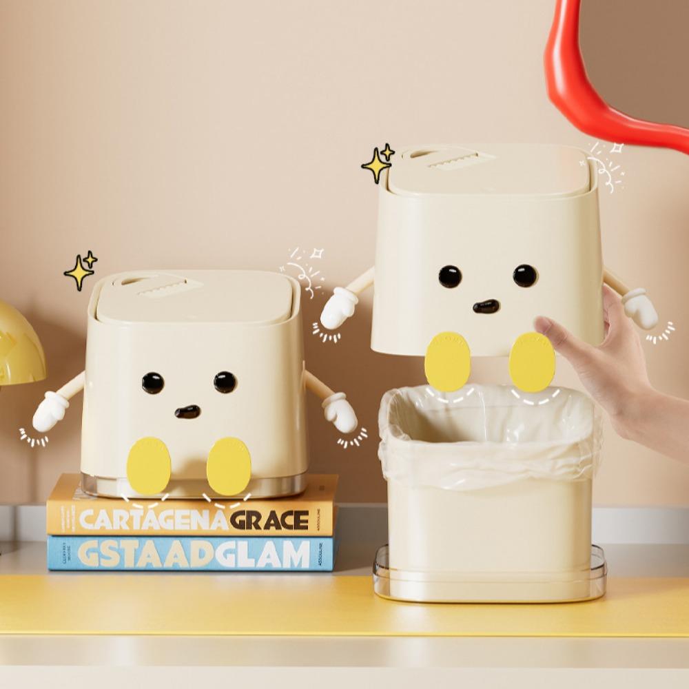 Desktop Mini Trash Can Press To Open The Cover Plastic Trash Can Household Living Room Bedroom Rubbish Storage Bucket