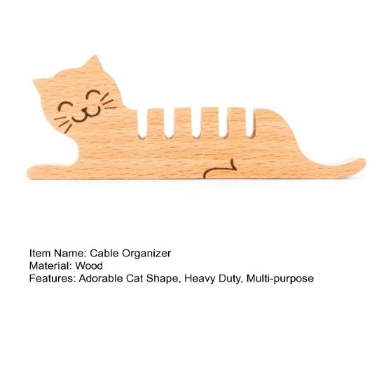 Wooden Cat Cable Organizer Home Office Desk Phone Charging Data Cord Holder Keeper Animal Power Wire Management Clip