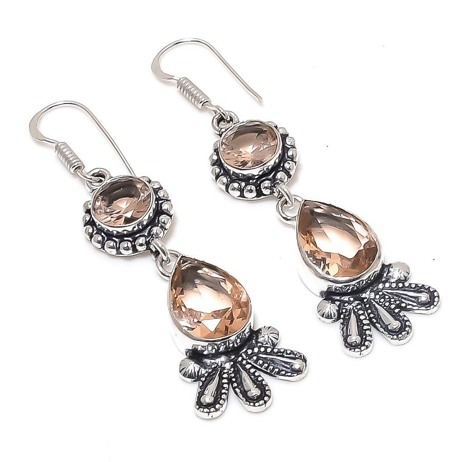 Natural Morganite Gemstone Handmade 925 Sterling Silver Earring 2.36" c1T51