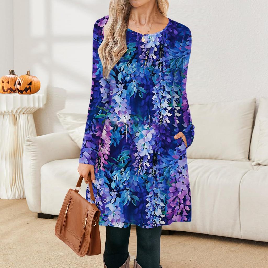 Women's Casual Fashion Long Sleeve Graphic Printed Vintage Dresses With Pockets