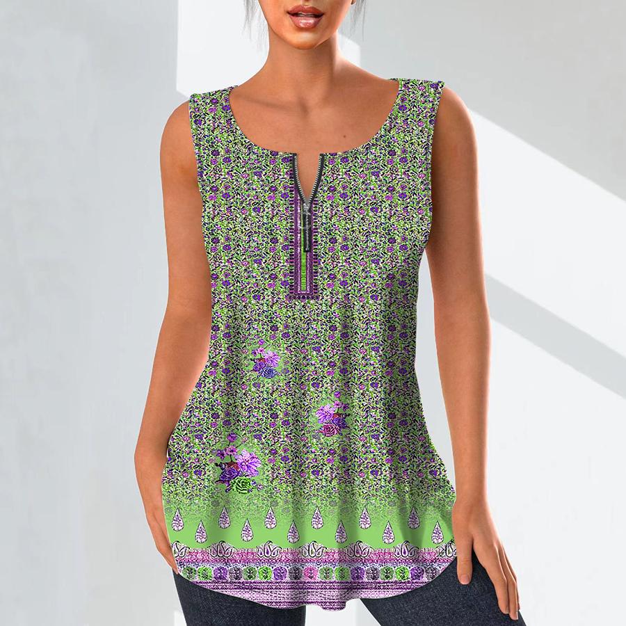 Women's Fashion V Neck Shirts Casual Tops T-shirt Ladies 3D Retro Pattern Print Vest Plus Size Sleeveless Blouse Tank Tops