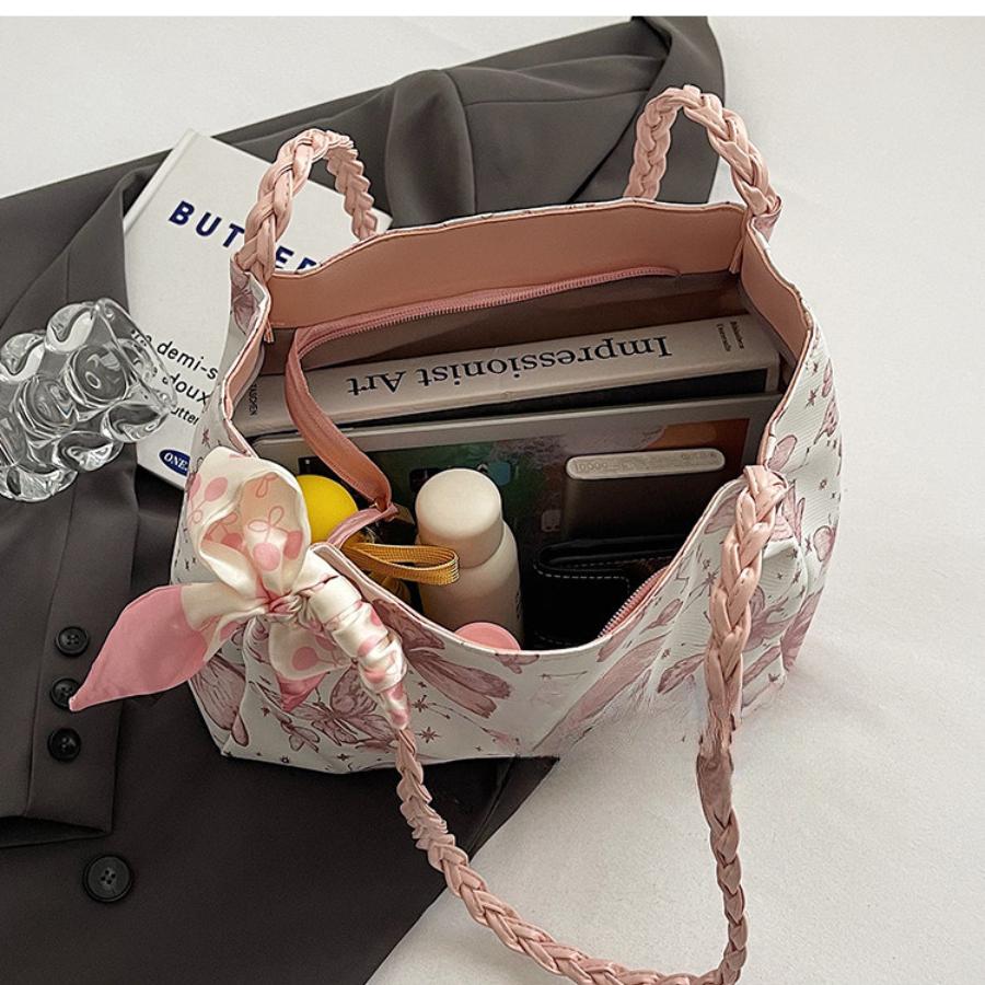 Chic Butterfly Print Faux Leather Tote Bag for Women, Woven Texture Shoulder Underarm Bag, Casual Daily Commute Handbag