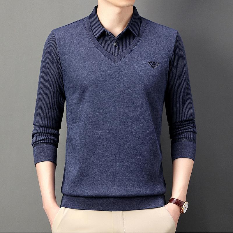 Autumn Fake Two-Piece Long-Sleeved T-shirt Men Clothing for Middle-Aged Dad Striped Shirt Collar Casual Bottoming Top Men