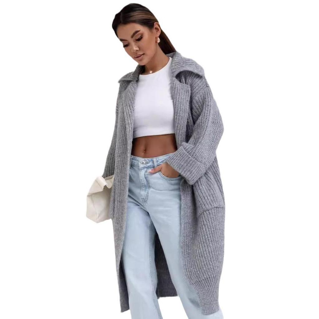 2025 Women's Mid-Length Thickened Lapel Pocket Knit Cardigan Sweater Coat