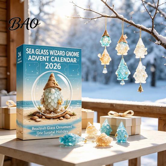 Decorative Branch Ornaments Coastal Gnome Advent Calendar, 24Pcs Acrylic 2D Sea Glass Ornament Set Christmas Window Decorations with Hanging