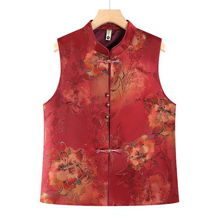 Plus Size Floral Two-Tone Stand Collar Vest for Middle-Aged and Elderly Women - Spring & Autumn Style