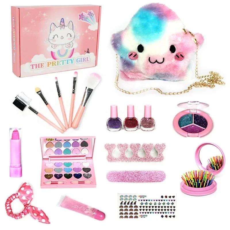 Girls Princess Makeup Kit Washable Pretend Cosmetics Toy Set with Nail Polish Eyeshadow Glittery Bag Gift for Kids Ages 3-6