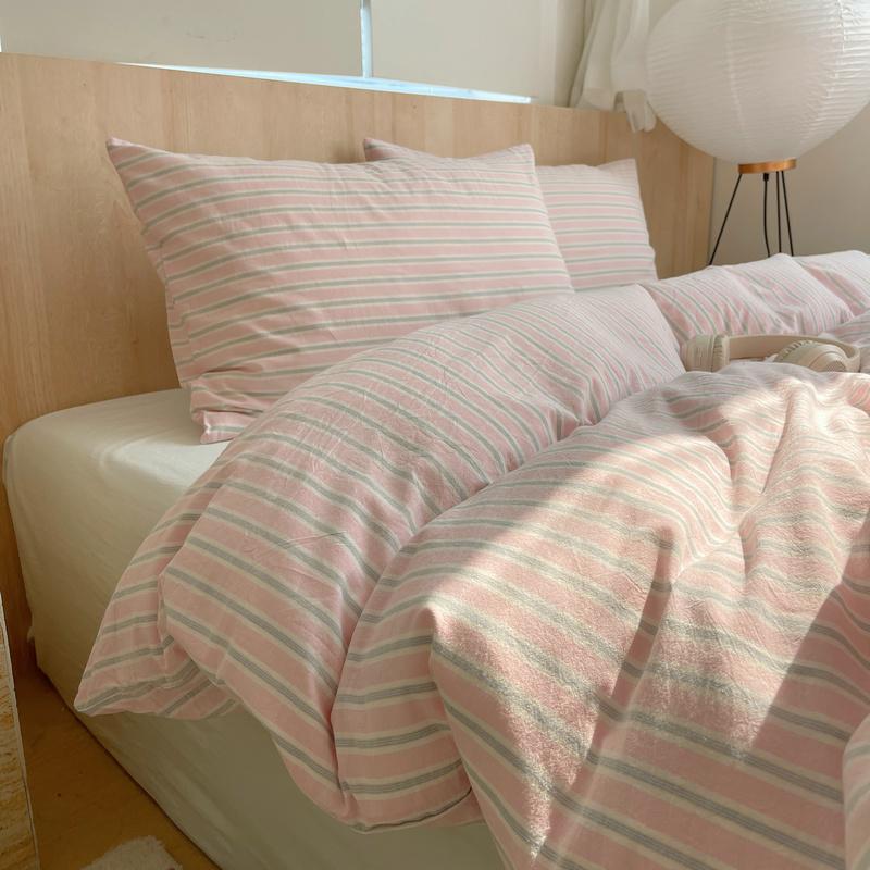 Ins Nordic Bedding Set Striped Pure Cotton Duvet Cover Set Skin-Friendly Single Twin Full Queen Size Flat & Fitted Sheets Set