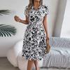 Spring And Summer Casual V-neck Button-down Short-sleeved Flower Swing Dress Cross-border Women's Clothing