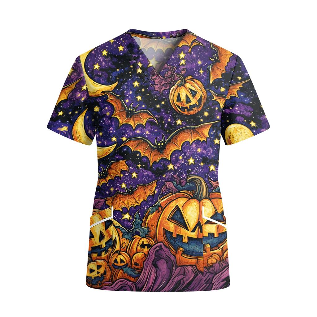 Women V Neck Short Sleeve Work Top with Pockets Halloween Pumpkin Print Medical Scrub Shirt Lightweight Comfortable Fit