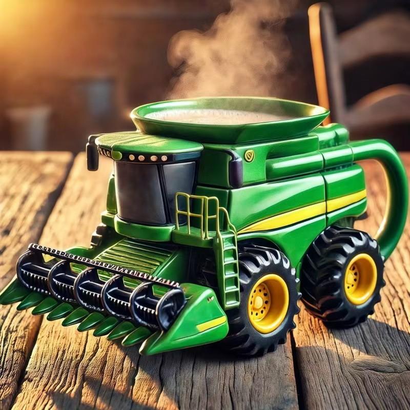 Vintage zelený hrnek s traktorem z pryskyřičného materiálu pro nadšence do zemědělské techniky