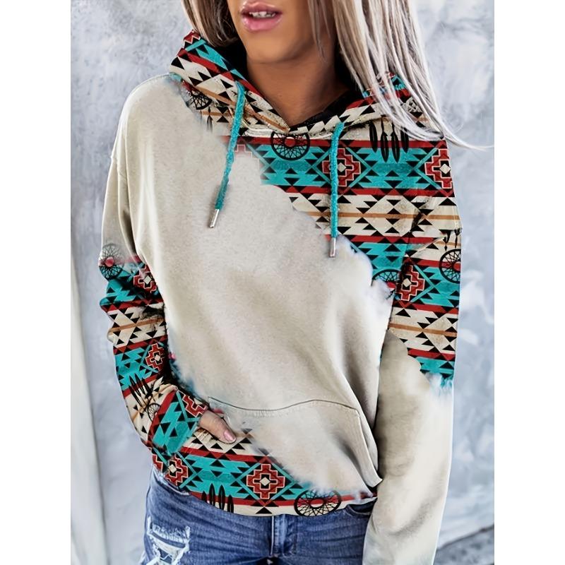 Vintage-Inspired Western Print Sweatshirt - Soft, Casual, Drawstring hoodie with Pocket for Women Long Sleeve Pullover Design